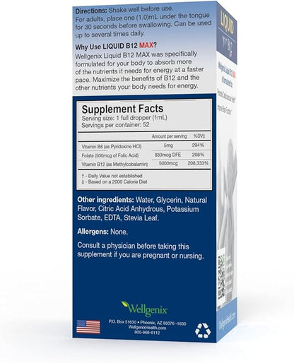 Wellgenix B12 Max Liquid - Vitamin B6, B12 & Folate-High Absorption - Cardiovascular Health, Mental Clarity, Energy Boost & Weight Loss - 1.75oz, 2 Pack