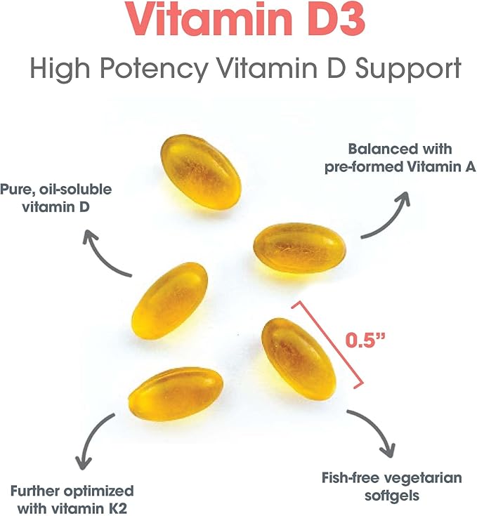 Allergy Research Group Vitamin D3 Complete 5000 IU - Vitamin D3 and K2 Supplement, Daily Balance, with Vitamin A, DeltaGold Tocotrienols, High Potency, Veggie Softgels - 60 Count