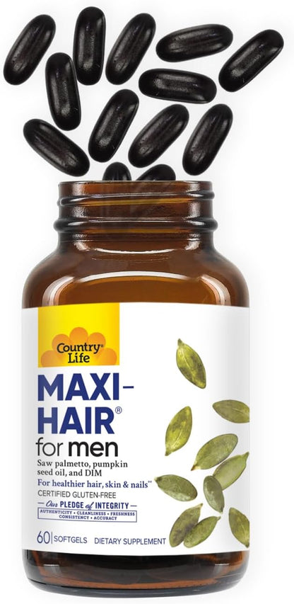 Country Life Maxi-Hair for Men - 2000mcg Biotin, Saw Palmetto, Pumpkin Seed Oil, DIM, Potassium, Magnesium, Calcium & Zinc Blend - Supports Healthier Hair, Scalp, Skin & Nails, 60 Vegan Capsules