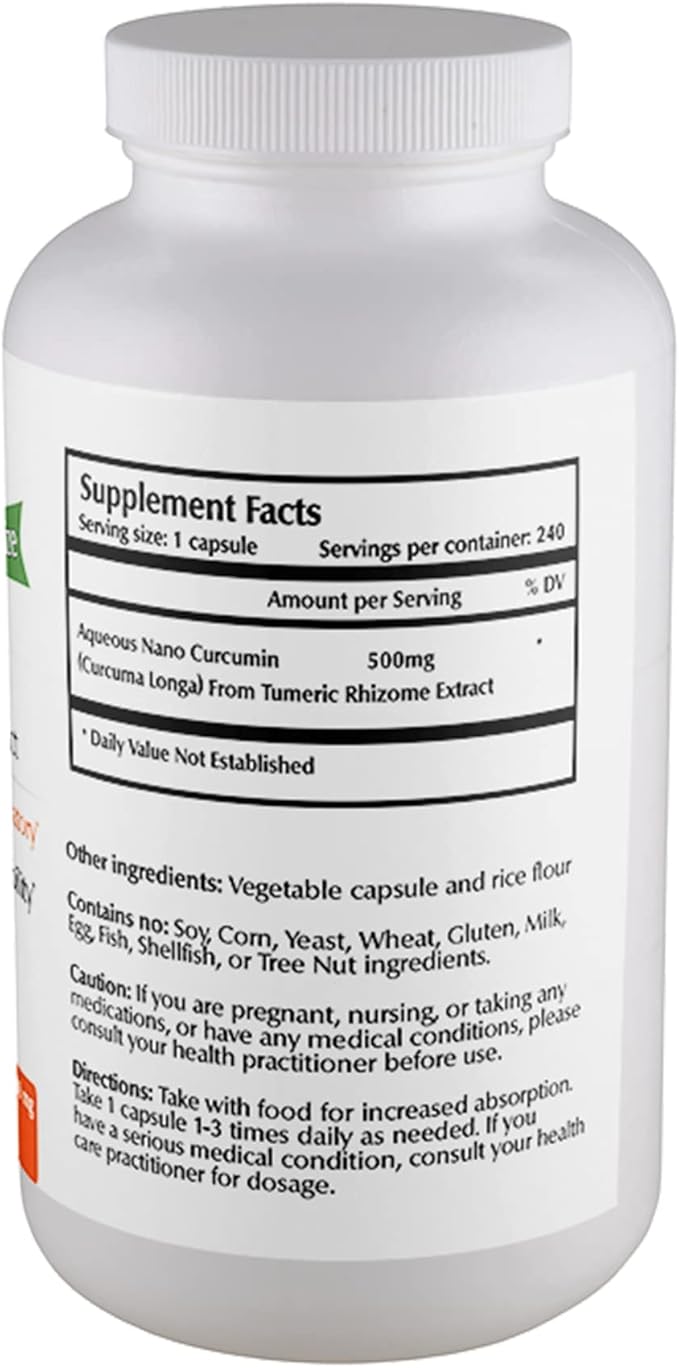 Nano Curcumin 500 mg Veggie Capsules (240 Servings), Family Size, Nano for High Absorption, Supports Immune Health, Non-GMO, Vegan, Gluten-Free