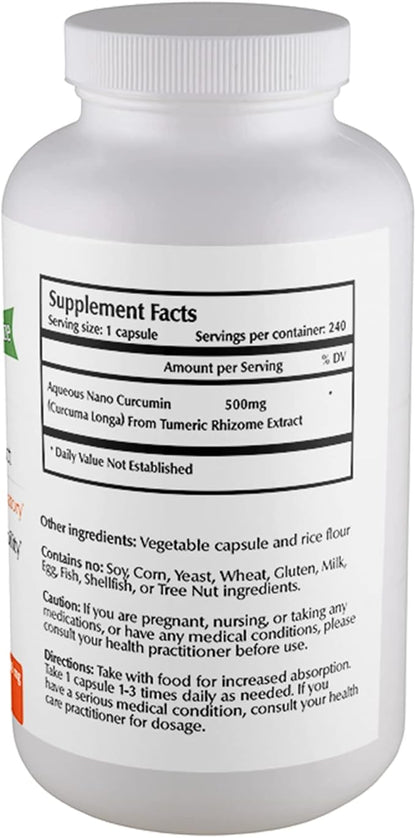 Nano Curcumin 500 mg Veggie Capsules (240 Servings), Family Size, Nano for High Absorption, Supports Immune Health, Non-GMO, Vegan, Gluten-Free