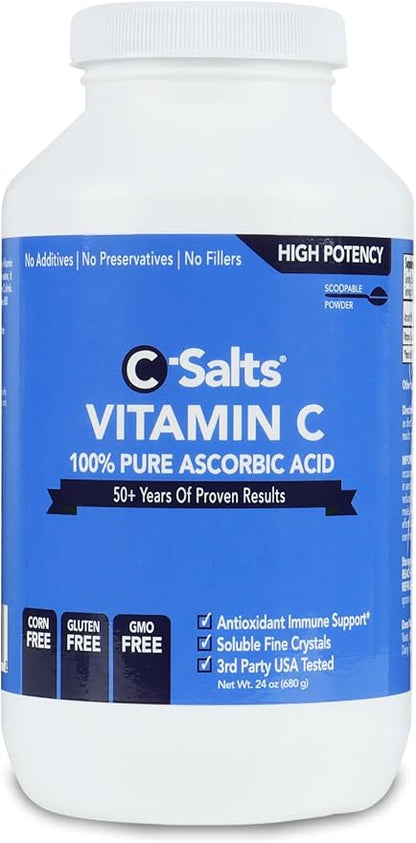 C-Salts Pure Ascorbic Acid Powder - High Dose 100% Pure Vitamin C Powder Supplement for Immune Support - Sugar-Free Powdered Drink with Soluble Fine Crystals, Organic, Corn-Free Non-GMO 24oz