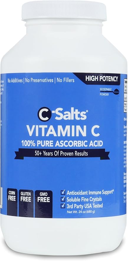 C-Salts Pure Ascorbic Acid Powder - High Dose 100% Pure Vitamin C Powder Supplement for Immune Support - Sugar-Free Powdered Drink with Soluble Fine Crystals, Organic, Corn-Free Non-GMO 24oz