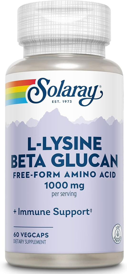 SOLARAY L-Lysine with Beta Glucan, Free Form Amino Acid, L-Lysine 1000mg Capsules, Immune Support Supplement, Healthy Skin and Lips Support, 60-Day Guarantee, Lab Verified, 30 Servings, 60 VegCaps