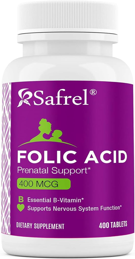 Safrel Folic Acid 400 mcg - Vitamin B9-400 Tablets, Essential Prenatal and Postnatal Vitamin for Fetal Development, Red Blood Cell Production, Cell and Neural Development | Non-GMO, Vegan