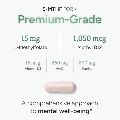 L-Methylfolate 15mg plus Methyl B12, D3, Taurine & NAC | 5-MTHF (Bioactive B9) Premium-Grade | Methylated Vitamins to Support Mood, Nerve Health & Methylation* | Methylfolate Supplement | 30 Capsules