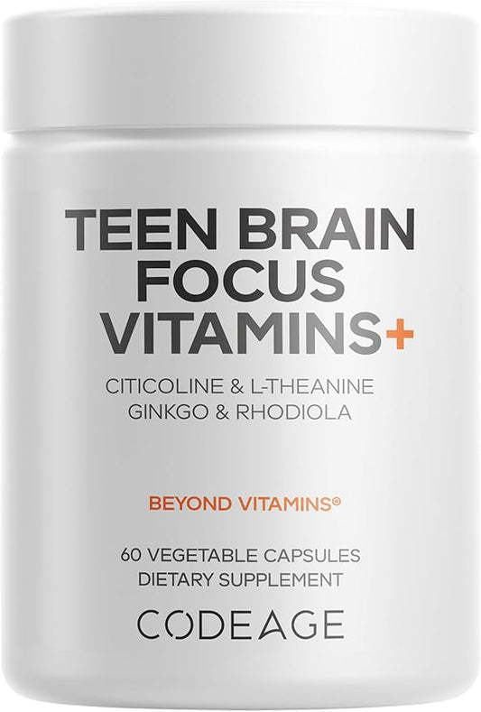 Codeage Teen Brain Focus Vitamins+ Citicoline Cognizin, L-Theanine, Ginkgo, Rhodiola, Lavender, Magnesium, Vitamin B6, B12, Folate - 2-Month Supply - 12-18 Years - Liposomal Supplement - 60 Capsules