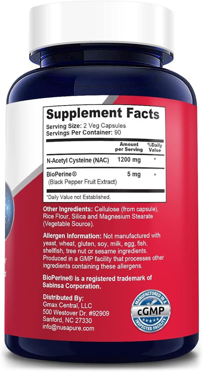 NusaPure N-Acetyl Cysteine (NAC) 1200mg 180 Veggie Caps (Vegetarian, Non-GMO, Gluten Free) Bioperine