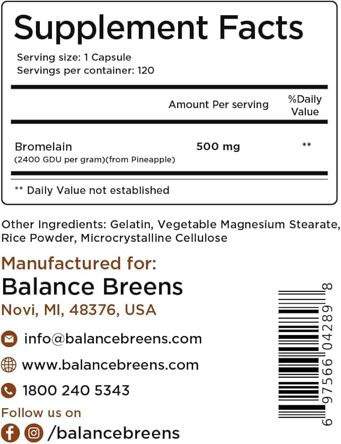 Balancebreens Bromelain 500mg, 120 Capsules - Pineapple Extract Digestive Enzyme, Supports Digestion and Joint Health Supplement