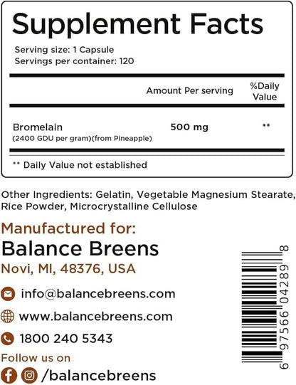 Balancebreens Bromelain 500mg, 120 Capsules - Pineapple Extract Digestive Enzyme, Supports Digestion and Joint Health Supplement
