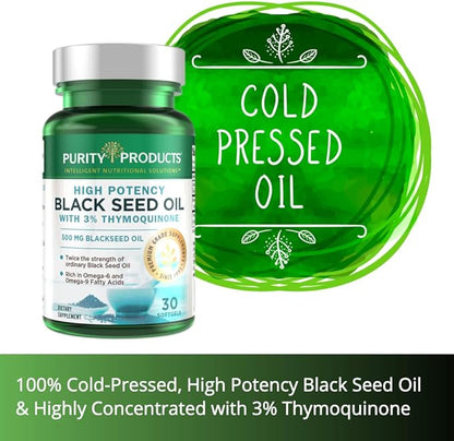Purity Products High Potency Black Seed Oil - Double Strength + Cold Pressed - 3% Thymoquinone - 500 mg Black Cumin Seed Oil - Omega 6 + 9 Essential Fatty Acids - Easy to Swallow - 30 Mini Softgels