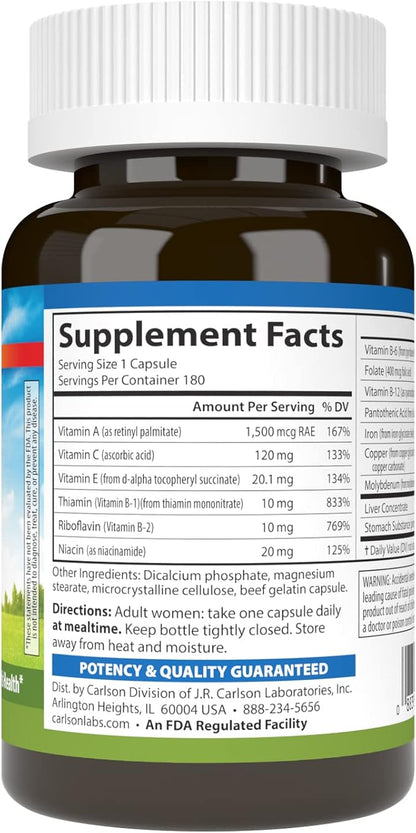 Carlson - Women's Iron Restore, 28 mg Iron + B Vitamins, Menstrual Support, Iron Absorption & Women's Health, 180 Capsules