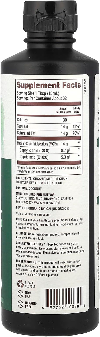 Nutiva Organic MCT Oil, Kosher, Keto Friendly, USDA Certified Organic, Non-GMO, 16 Fluid Ounce (Pack of 1)