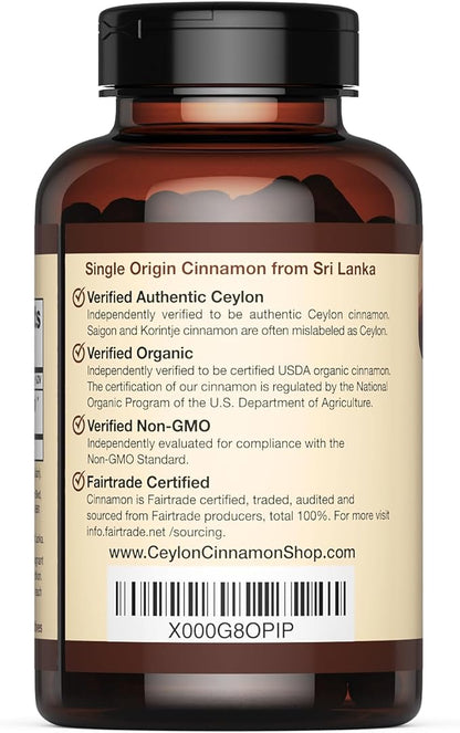 Organic Ceylon Cinnamon (100% Certified) Supplement, 90 Capsules