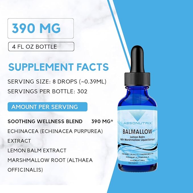 Absonutrix Balmallow, 390 mg, 4 FL OZ Liquid, 302 Servings, Made in USA, Plant-Based Ingredients, Echinacea Extract, Lemon Balm Extract, Gluten-Free, Non-GMO
