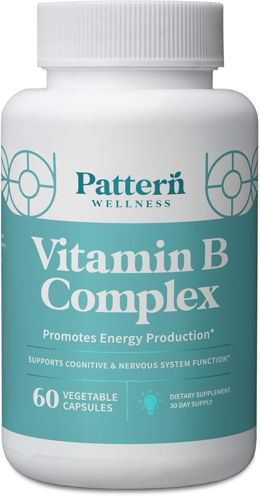 Pattern Wellness Vitamin B Complex – Complete B Vitamins with Folate, B6, B12 – Supports Energy, Brain & Heart Health – Non-GMO – 60 Capsules