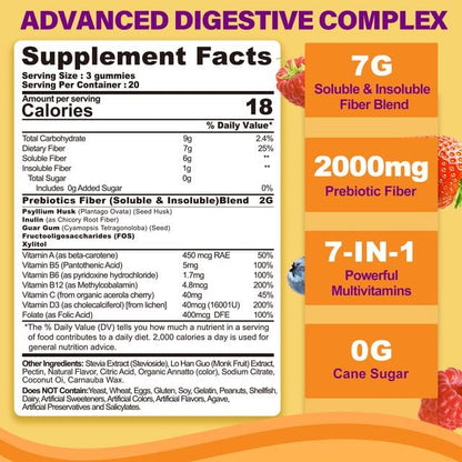1Pack Fiber Gummies with Probiotics for Adults, 7G Soluble Fi ber + Insoluble Fi ber, Sugar Free with Psyllium Husk, Inulin, Fos, Multivitamins for Daily Digestive Health, Regularity Gut Support