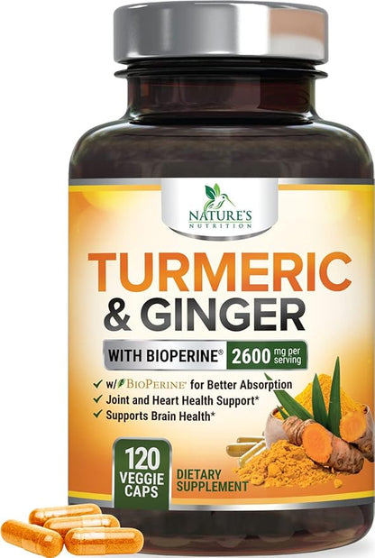 Turmeric Supplement Curcumin 2600mg - with Organic Ginger & Turmeric, BioPerine Black Pepper Extract 95% Curcuminoids - Advanced Absorption Antioxidant & Joint Support - Vegan - 120 Capsules