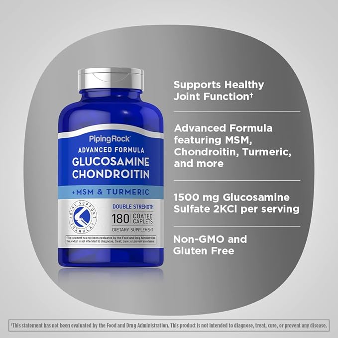Piping Rock Glucosamine Chondroitin MSM Plus Turmeric | 180 Caplets | Double Strength Formula | Advanced Complex Supplement | Non-GMO, Gluten Free