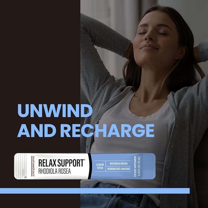 JungKwanJang Relax Support Rhodiola Rosea (800mg), Korean Red Ginseng Everytime Extract Sticks, Relaxation Supplement for Calm and Clarity, 10 Count