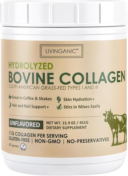Hydrolyzed Bovine Collagen,15.9oz Types I & III, Grass-Fed, Pasture-Raised Protein, Zero Sugar Supplement for Healthy Skin, Nails, Bones & Joints Unflavored 41 Servings