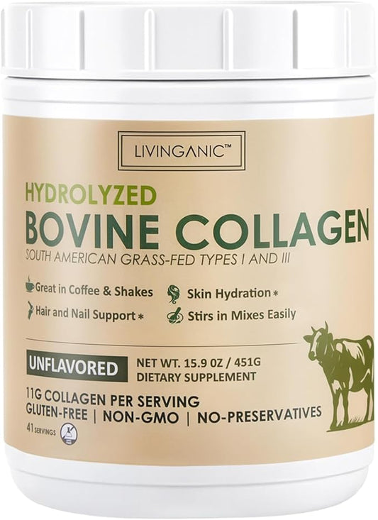 Hydrolyzed Bovine Collagen,15.9oz Types I & III, Grass-Fed, Pasture-Raised Protein, Zero Sugar Supplement for Healthy Skin, Nails, Bones & Joints Unflavored 41 Servings