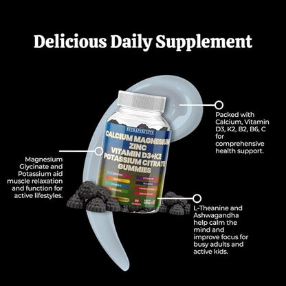Sugar Free Calcium Gummies for Kids & Adults Citrate Magnesium Glycinate Potassium Vitamin D3 K2 B2 B6 C Irish Sea Moss Ashwaghanda L-Theanine Boron Zinc Gummies for Muscles, Cellular Energy