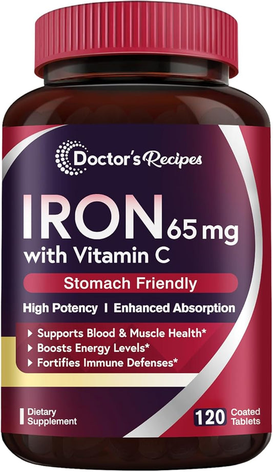 Doctor's Recipes Iron Supplement 65 mg with Vitamin C - Maximized Absorption & Stomach Friendly Iron Pills for Red Blood Cells Formation, Heart, Brain & Immunity Health - Vegan Non-GMO 120 Iron Tabs