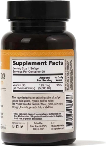 NatureWise Vitamin D3 5000iu (125 mcg) 90-Day Supply for Immune Support, Healthy Muscle Function, and Bone Health - Non-GMO, Gluten-Free in Organic Extra Virgin Olive Oil, (Mini Softgel), 90 Count