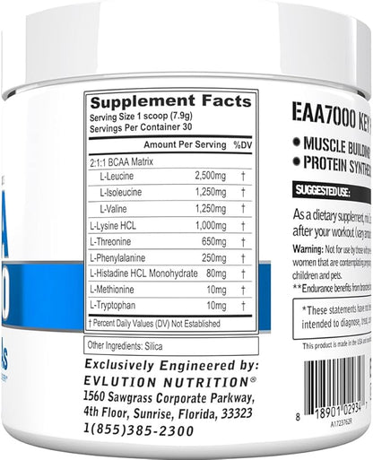 Evlution Nutrition EAA7000 - Pre & Post Workout Powder - Muscle Building + Recovery Supplement - 7g Essential Amino Acids + 5g BCAAs - Endurance + Energy Support - 30 Servings - Unflavored