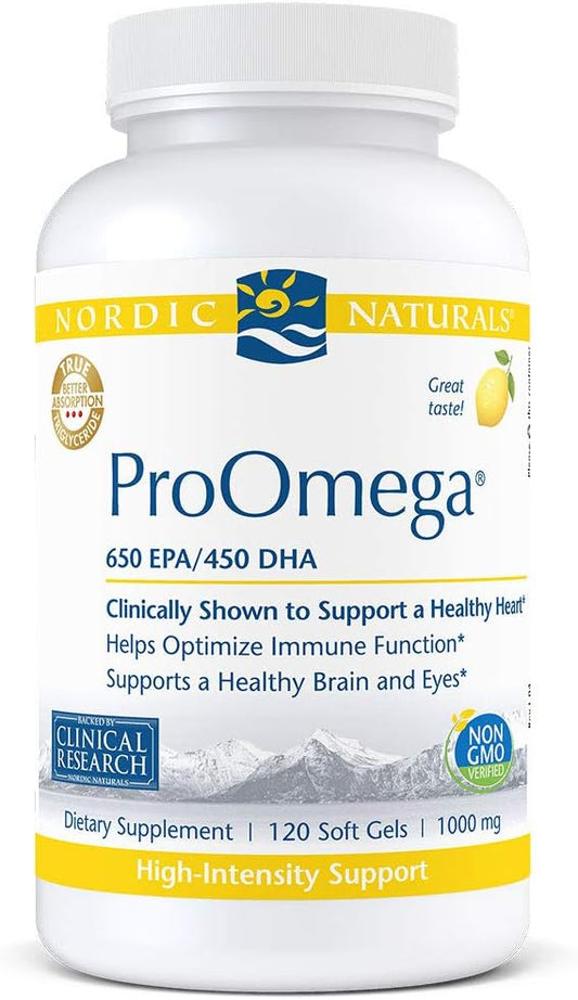 Nordic Naturals ProOmega, Lemon Flavor - 120 Soft Gels - 1280 mg Omega-3 - High Potency Fish Oil with EPA & DHA - Promotes Brain, Eye, Heart, & Immune Health - Non-GMO - 60 Servings