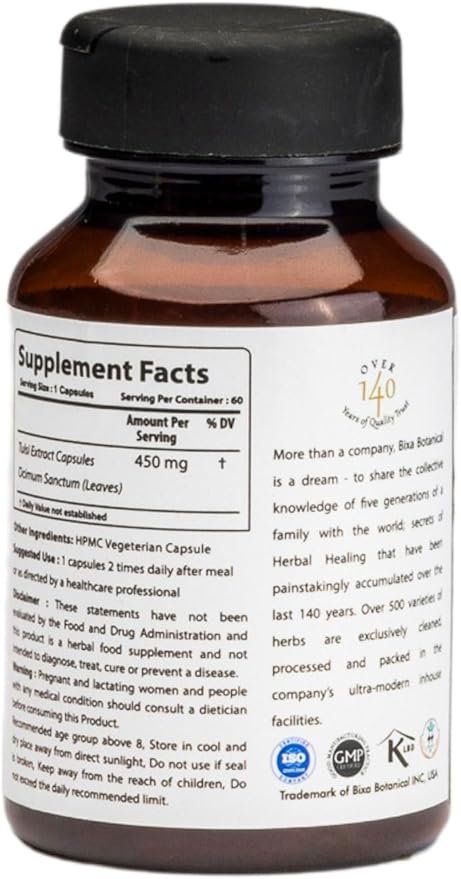 bixa BOTANICAL Holy Basil Extract Veg Capsules 60 Count (450mg) (Tulsi/Tulasi) | Herbal Supplement to Anti-Oxidant | Immunity Booster.