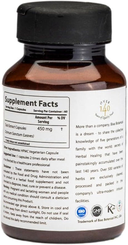 bixa BOTANICAL Holy Basil Extract Veg Capsules 60 Count (450mg) (Tulsi/Tulasi) | Herbal Supplement to Anti-Oxidant | Immunity Booster.