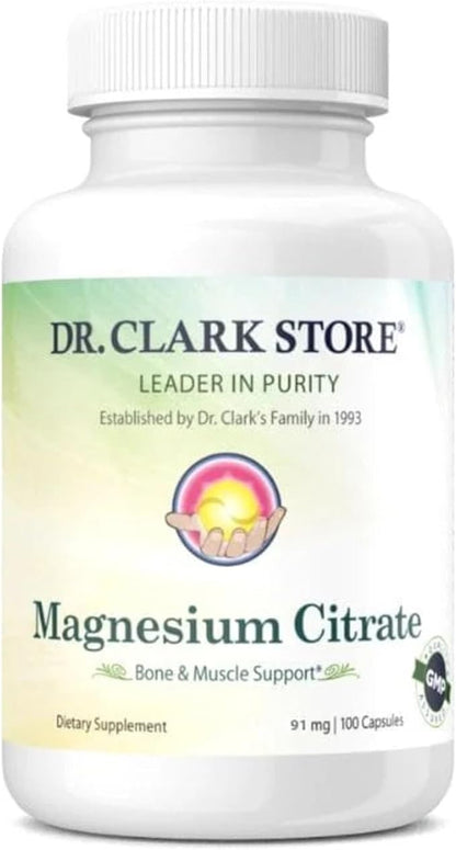 Dr. Clark Store Magnesium Citrate – 91mg, 100 Capsules, Supports Energy Production, Enzyme Function & Nervous System Health