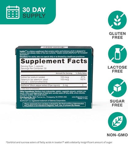 Ioselen - Thyroid Support Supplement – 100 mcg Selenium, 100 mcg Iodine, 5mg BioPerine - 30 Soft-Gel Caps for Increased Bioavailability and Absorption - Gluten-Free, Lactose-Free, Sugar-Free, Non-GMO