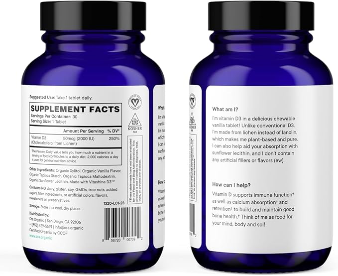 Ora Organic Vitamin D3 2000IU - Vegan Vitamin D Chewables from Lichen for Bone Health, Immune Support, & Mood | Maximum Absorption - 1 Month Supply, 30 Vegan Chewable Vanilla Tablets