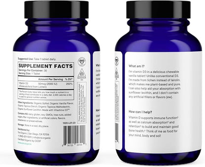 Ora Organic Vitamin D3 2000IU - Vegan Vitamin D Chewables from Lichen for Bone Health, Immune Support, & Mood | Maximum Absorption - 1 Month Supply, 30 Vegan Chewable Vanilla Tablets