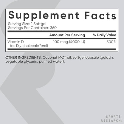 Sports Research Vitamin D3 4000 IU with Coconut MCT Oil - Double Strength Vitamin D Supplement - Non-GMO Verified, Gluten & Soy Free – 100mcg, 360 Liquid Softgels