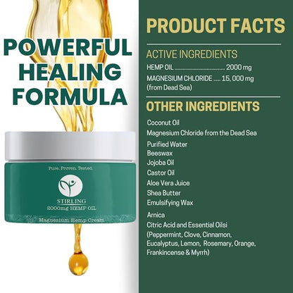 STIRLING Magnesium Cream - 2000mg Hemp Oil + Magnesium & Arnica - Promotes Relief for Joint and Muscle Discomfort, Back Support, and More - Made in USA with Premium Ingredients