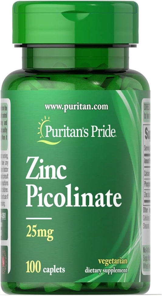 Puritan's Pride Zinc Picolinate Zinc 25mg with Calcium and Phosphorus, Vegetarian Dietary Supplement for Immune System, Energy Metabolism, Cell Division and Growth Support, 100 Caplets