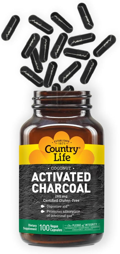 Country Life Coconut Activated Charcoal Capsules, 260mg – Natural Charcoal Supplement for Gas and Bloating Relief - Gluten-Free, 100 Vegan Capsules