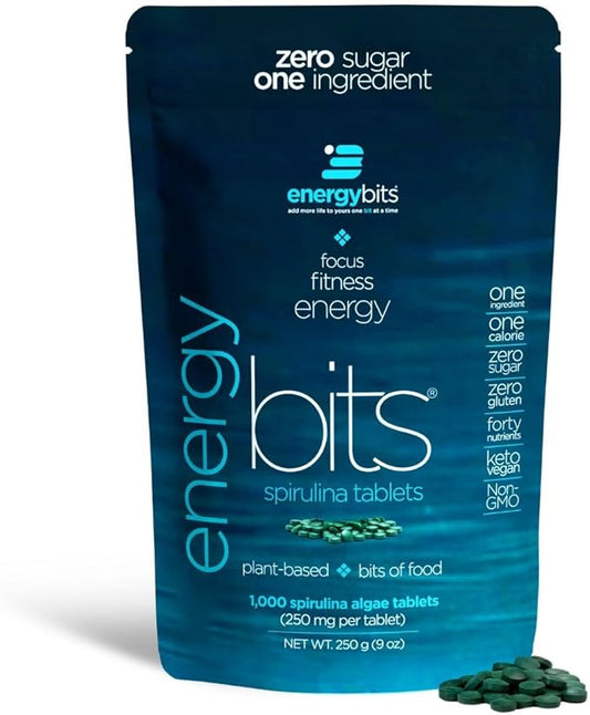 ENERGYBITS - Organic Spirulina Tablets - Plant-Based Algae Superfood - for Focus, Fitness, Energy - Plant Protein - Gluten Free - Collagen, Vitamin B12, Omega 3 - Keto & Vegan - 1000 Algae Tablets