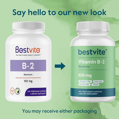 BESTVITE Vitamin B-2 100mg (240 Vegetarian Capsules) - No Stearates - No Dicalcium Phosphate - Vegan - Non GMO - Gluten Free