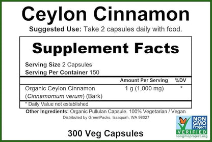 GreenPacks® | Ceylon Cinnamon Capsules | Organic True Cinnamon | Non-GMO Supplement - 300 Capsules