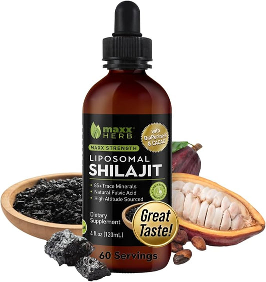 Maxx Herb Pure Himalayan Shilajit – Liquid Liposomal Formula with Black Pepper BioPerine & Cacao - Energy Boost & Immune Support, 85+ Trace Minerals, 20% Fulvic Acid – 4 Oz Bottle (60 Servings)