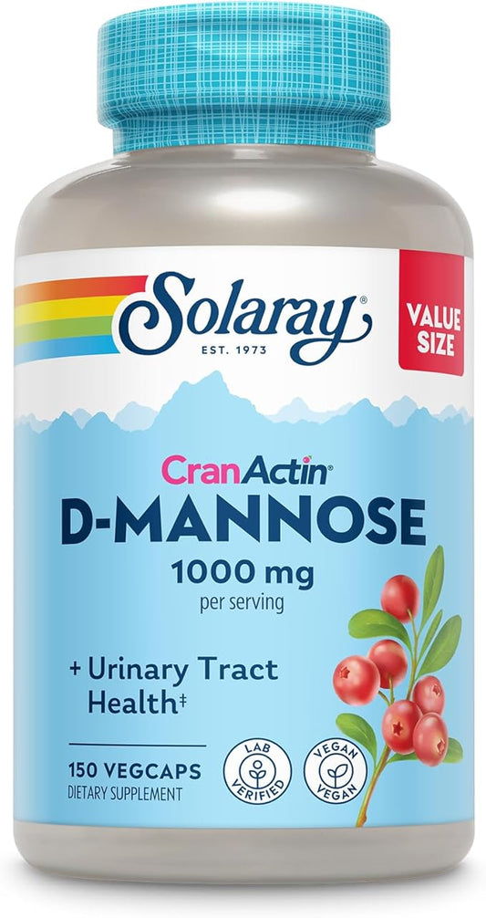 Solaray D-Mannose 1000mg with CranActin Cranberry Supplement 400mg, Urinary Tract Health & Bladder Support Capsules with Vitamin C, Vegan, 60 Day Guarantee, 75 Servings, 150 VegCaps
