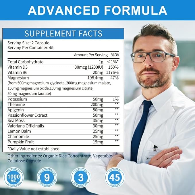 Magnesium Complex Chelated Magnesium Glycinate w/Malate, Taurate& Herbal Extracts for Support Sleep, Muscle,Cortisol & Heart Health, Gluten Free, Vegan, Non GMO, High Absorption, 90 Capsules