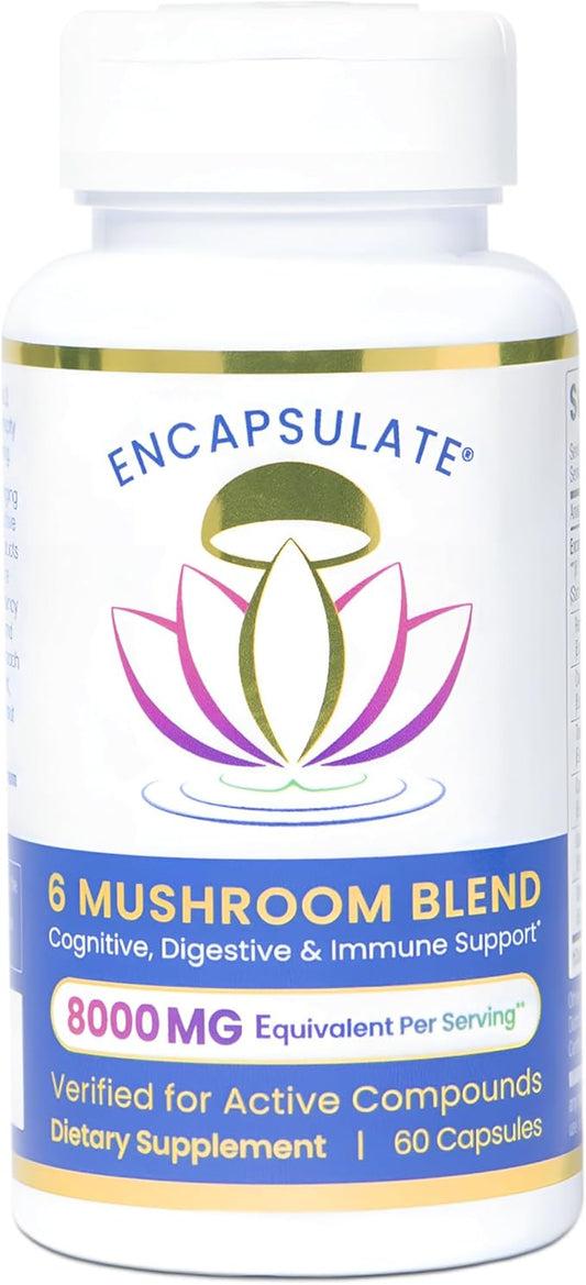 ENCAPSULATE 6 Mushroom Blend – Reishi, Chaga, Turkey Tail, Cordyceps, Lion’s Mane & Shiitake 8:1 Mushroom Extract – Nootropic & Adaptogen Mushroom Supplement for Gut, Brain & Immune Support - 60 Caps