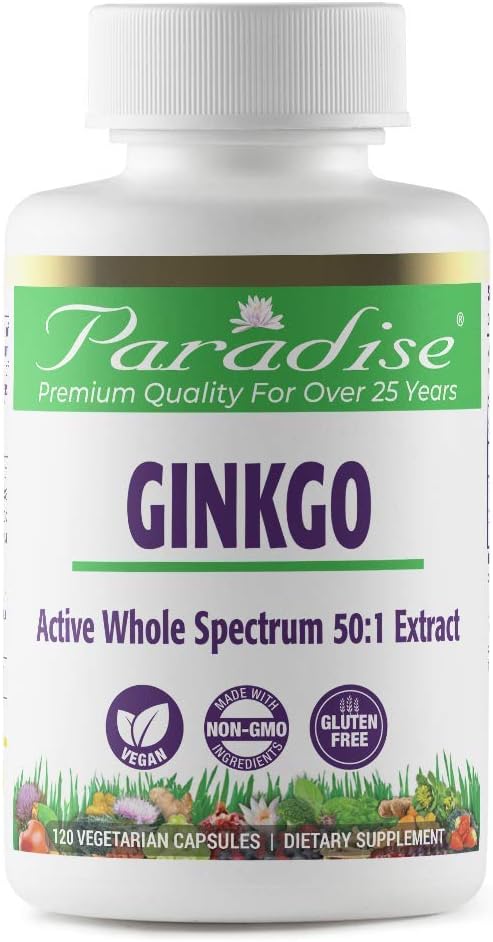 Paradise Herbs Ginkgo Biloba Extract, Super Potent, Ultra Pure, Vegan, Non GMO, Gluten Free, 120 Vegetarian Capsules