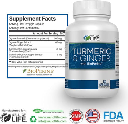 Well of Life: Turmeric & Ginger with BioPerine®: Joint Support - 655mg | 60 Veg Capsules. Helps Immune Function, Digestive Health, and Overall Wellness. Made in USA.